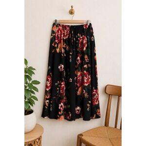 DB Moon Floral Maxi Skirt Black Orange Boho Prairie Cottagecore Pockets Sz M